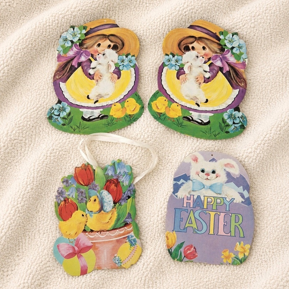 Vintage Easter‎ Die Cut Wall Decor Lot 4 Bunny Lamb Chick Cardboard Cutouts